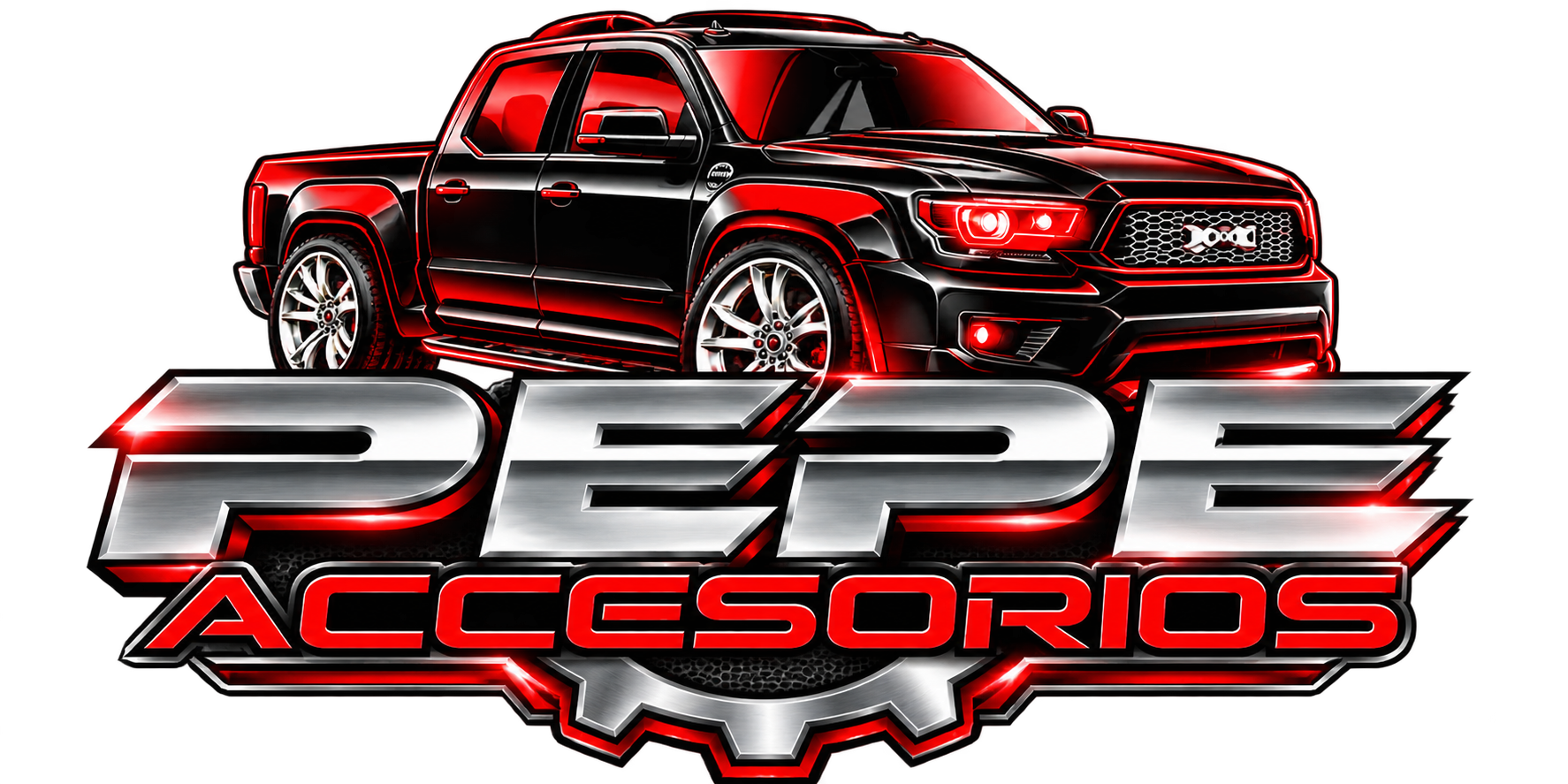 Logo de Pepe Accesorios con pickup rojo y negro